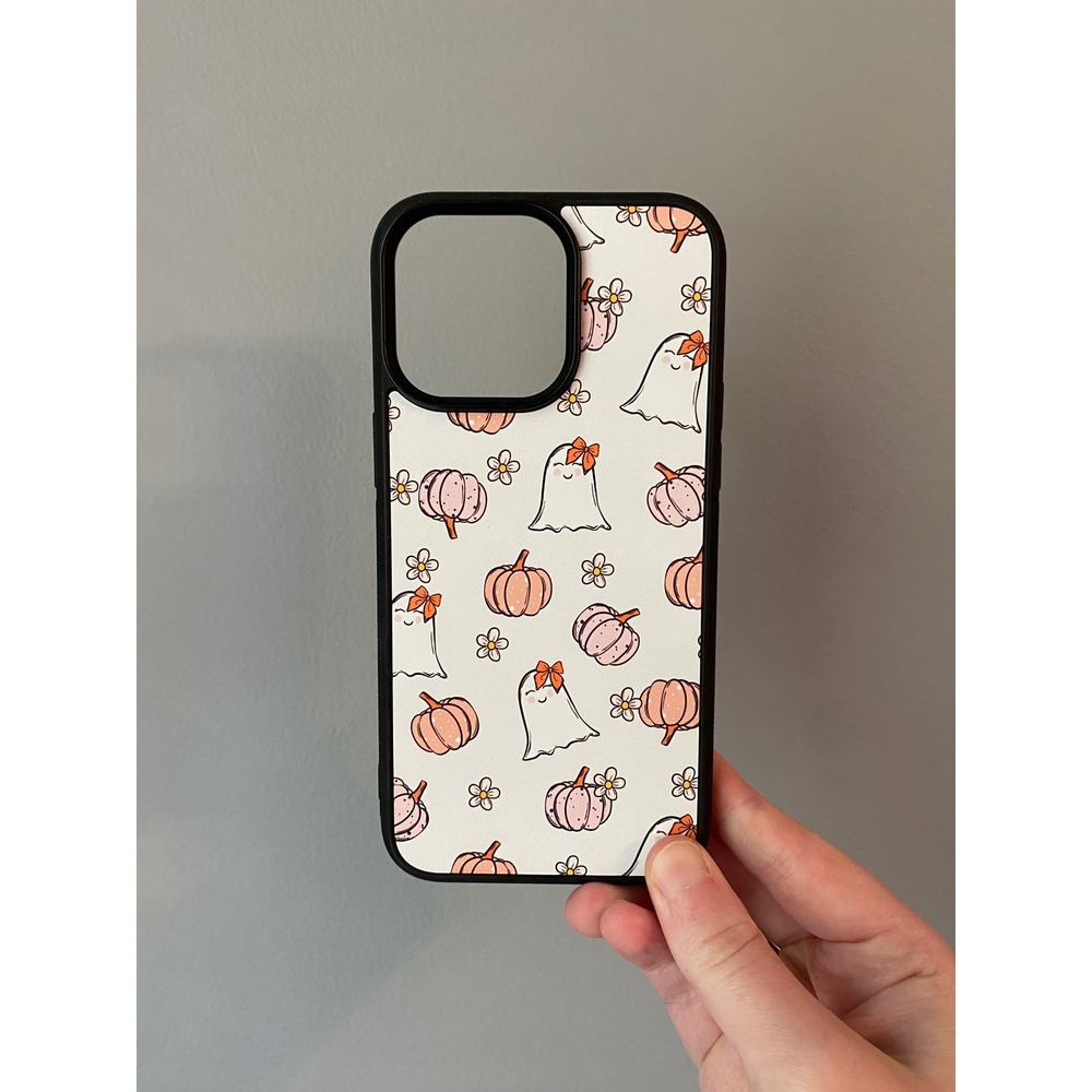 Phone Case Unisex iPhone 15 Pro Max White Ghost Pumpkin Fall Halloween Pattern